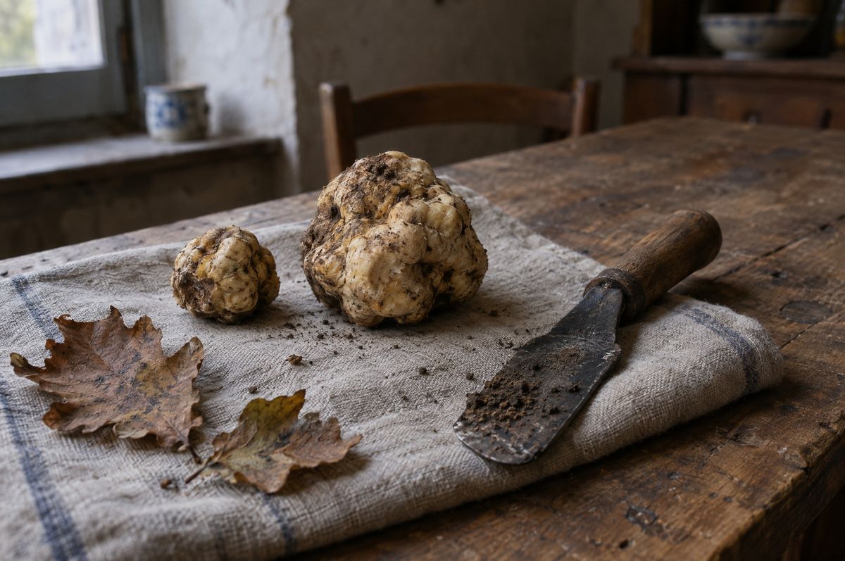 Tartufi bianchi e vanghetto su un tavolo di cucina